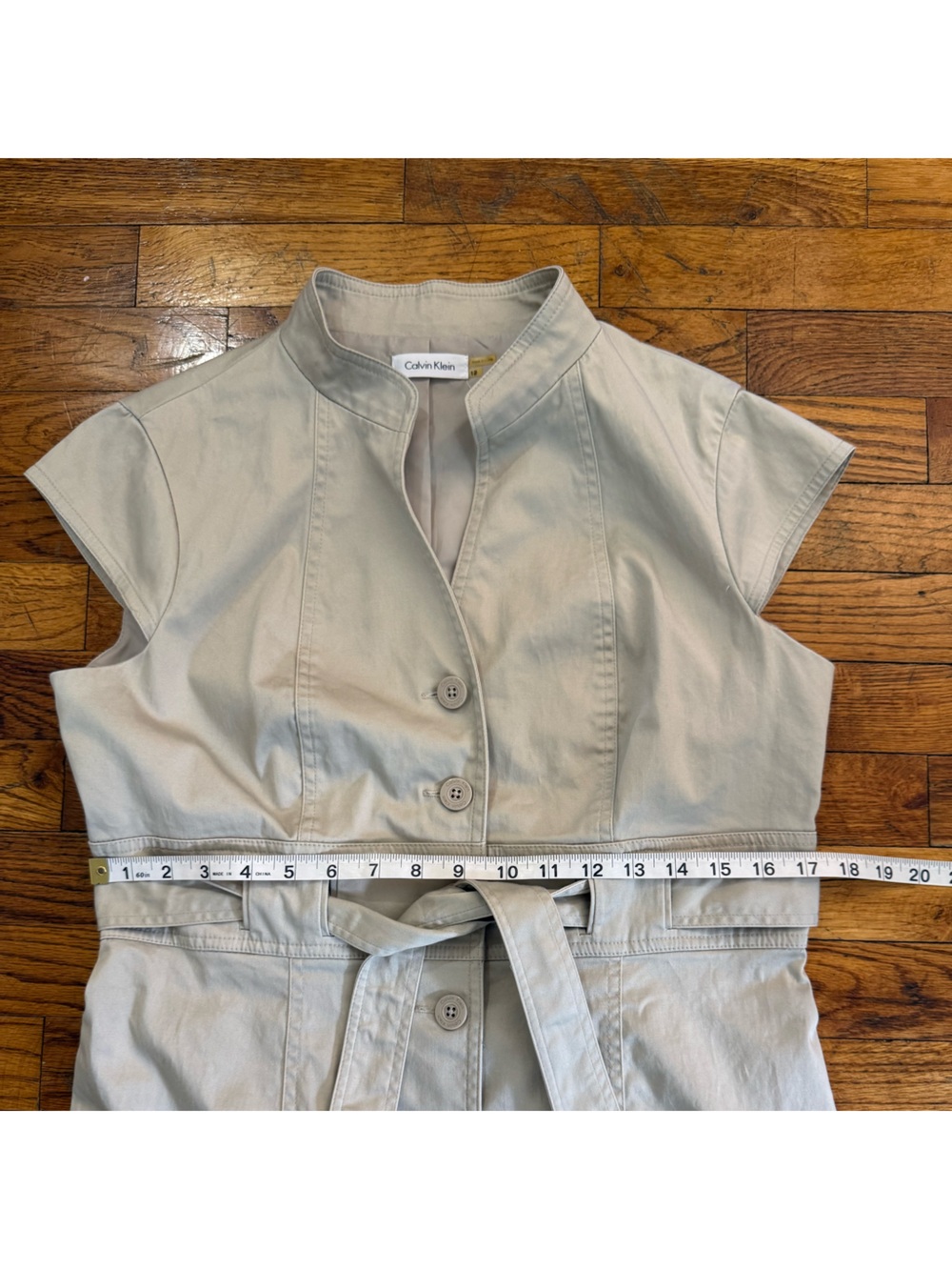 Calvin Klein Safari Sheath Midi Beige Belted Button Front Mock Neck Dress 12 - Picture 9 of 15